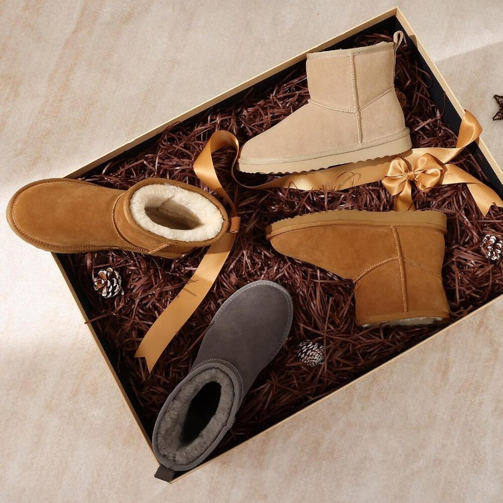 Women's Genuine Suede Boots Warm Fuzzy Boots Snow Boots with Fur Lined Grey - Picture 2 of 6